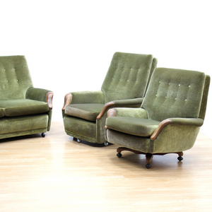 MID CENTURY GREEN VELVET SOFA & CHAIRS BY HEALS OF LONDON