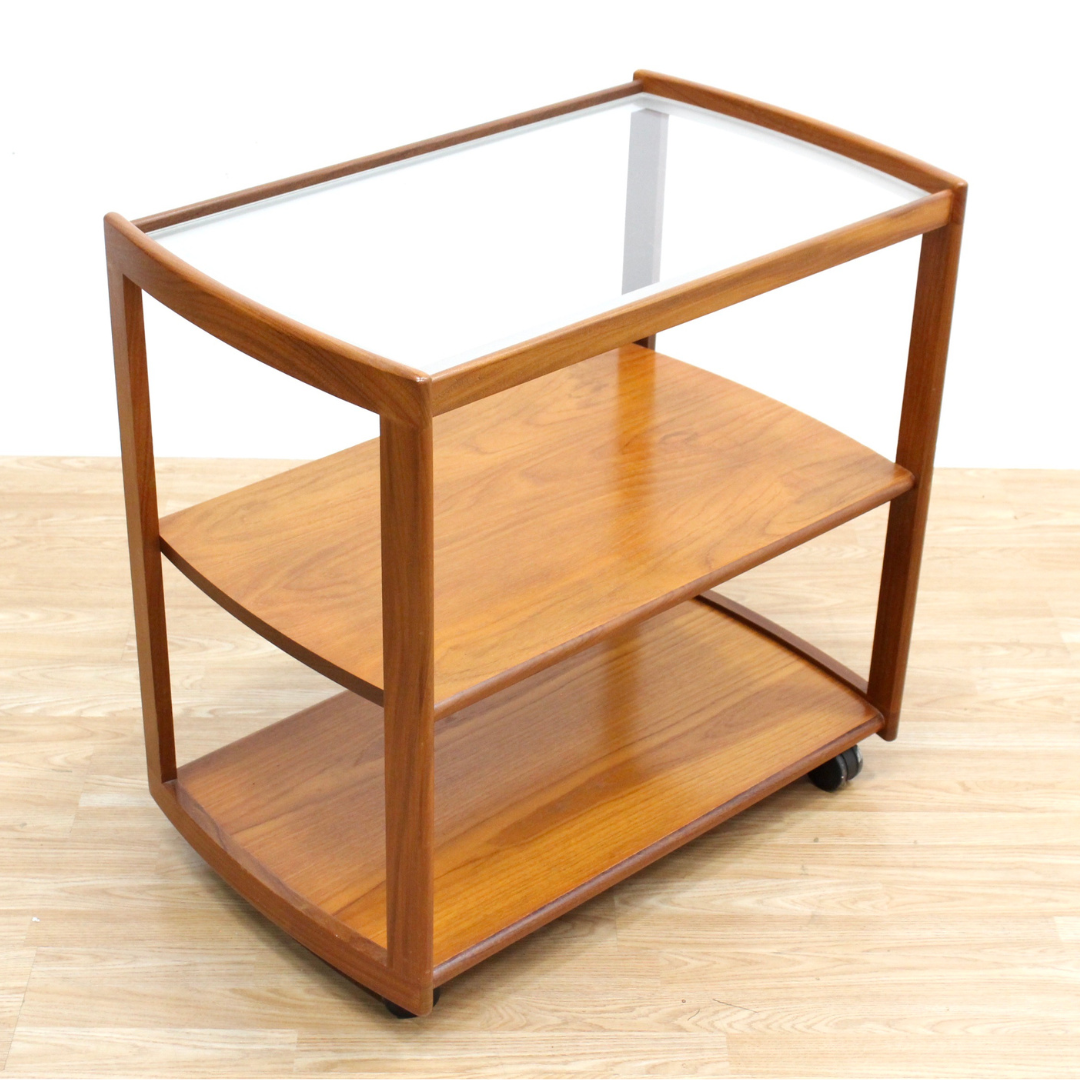 MID CENTURY BAR CART IN TEAK & GLASS