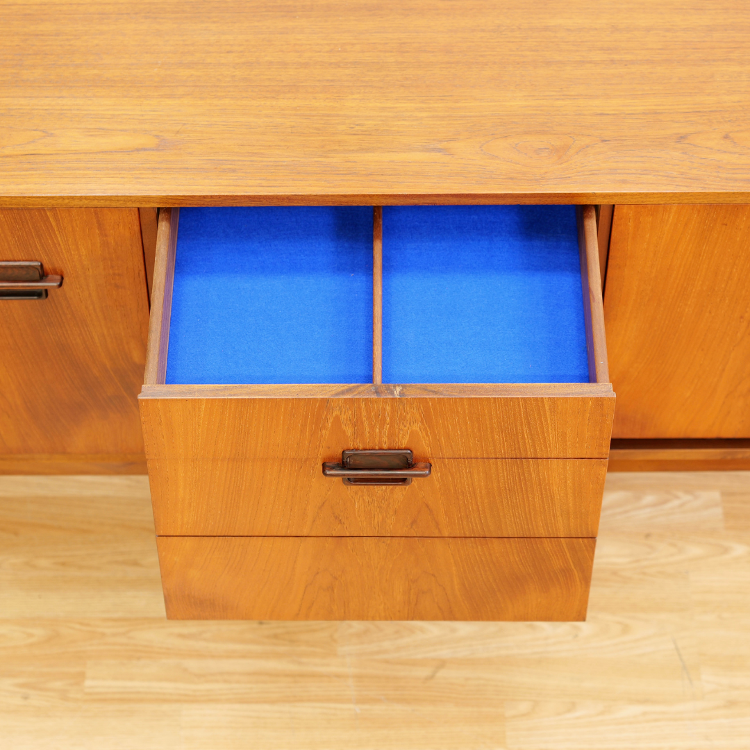 MID CENTURY TEAK CORINTHIAN CREDENZA BY NATHAN FURNITURE