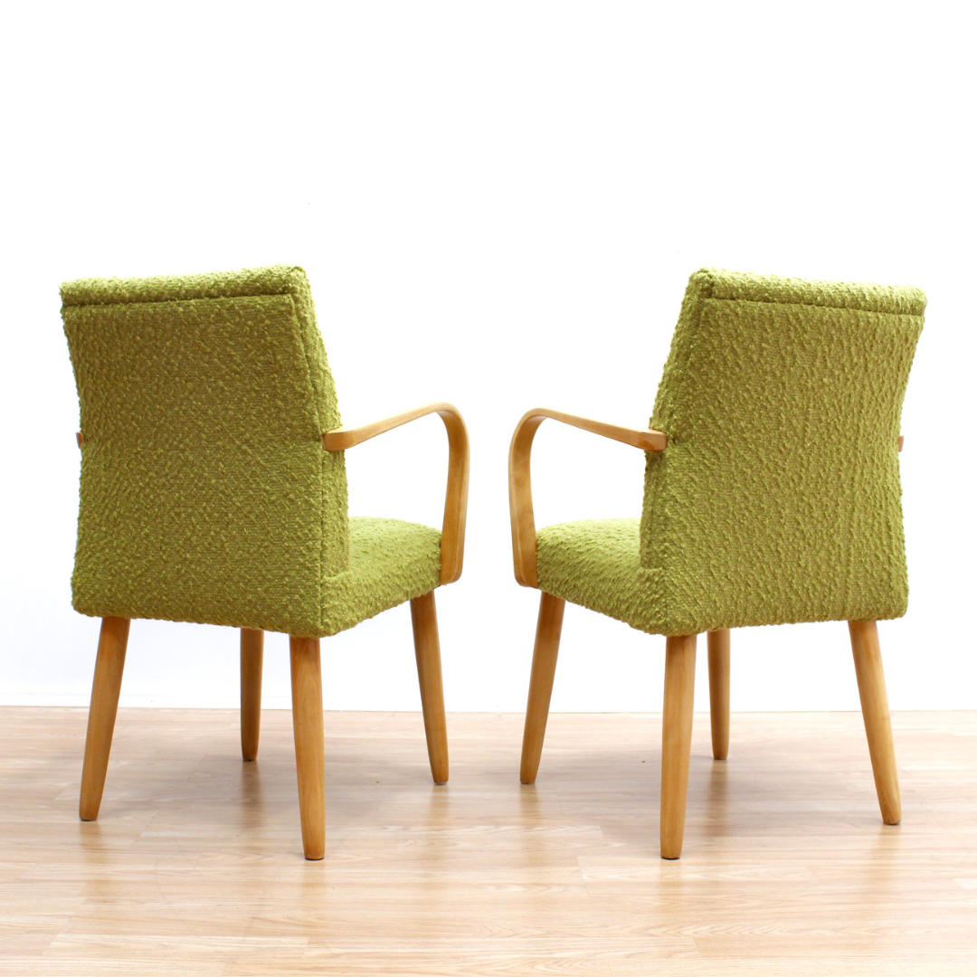 PAIR OF MID CENTURY 1950S BENT WOOD COCKTAIL LOUNGE CHAIRS IN GREEN TWEED