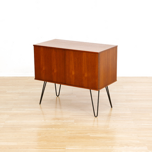 MID CENTURY TEAK VINYL RECORD STORAGE CABINET ON HAIRPIN LEGS