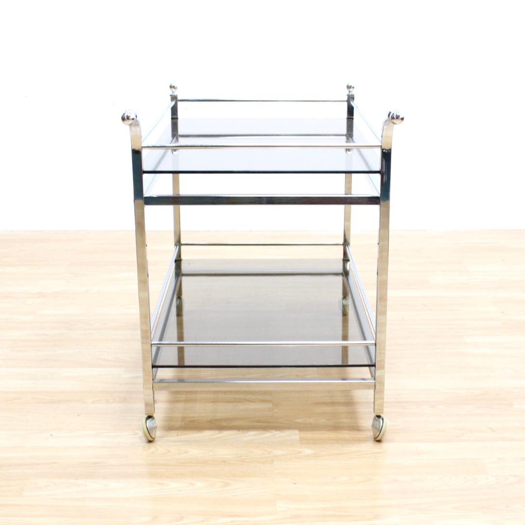 VINTAGE 1970S CHROME & SMOKED GLASS BAR CART BY MERROW ASSOCIATES