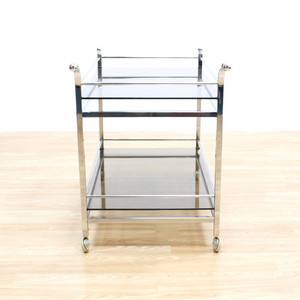 VINTAGE 1970S CHROME & SMOKED GLASS BAR CART BY MERROW ASSOCIATES