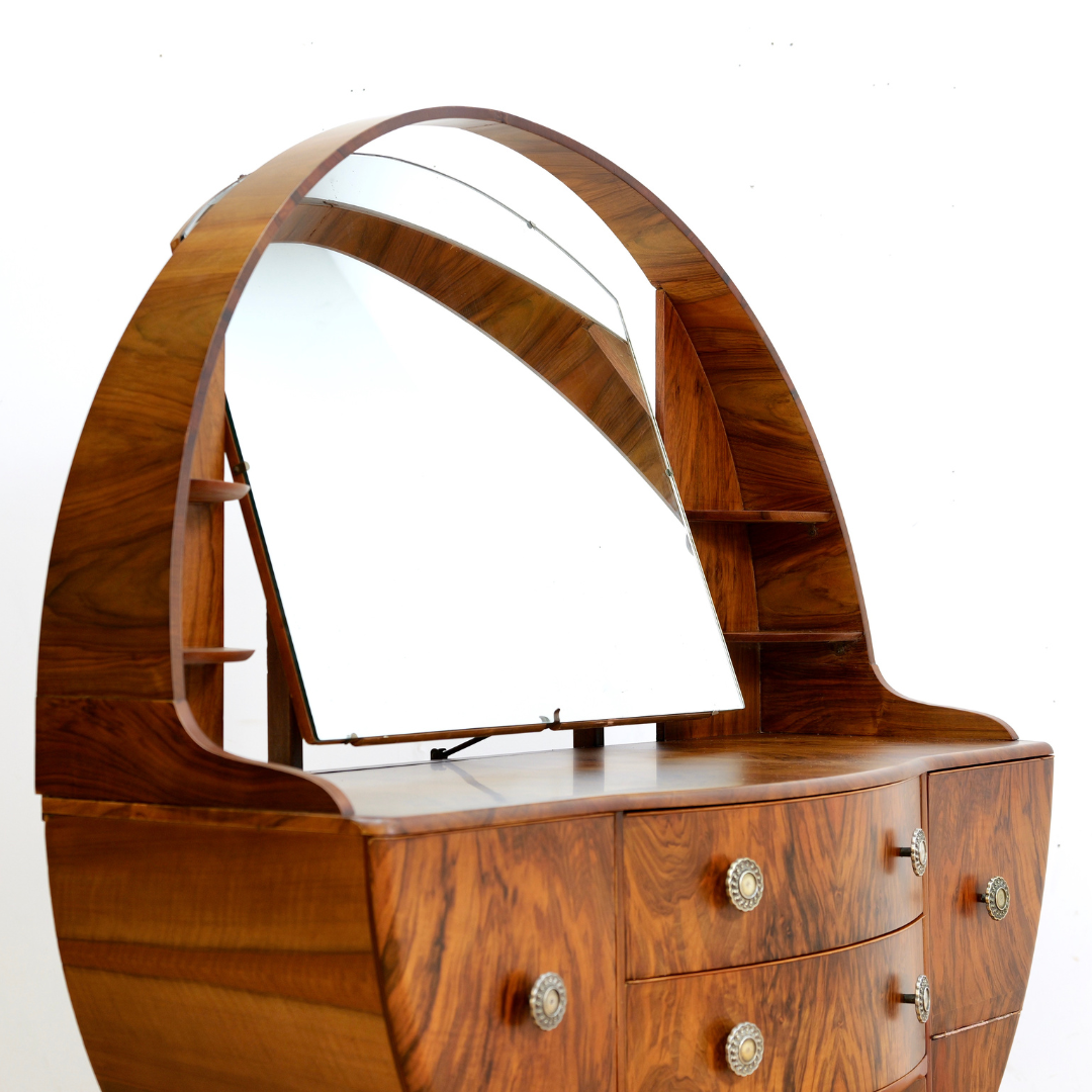 1960S ART DECO REVIVAL WALNUT VANITY DRESSER AND MIRROR