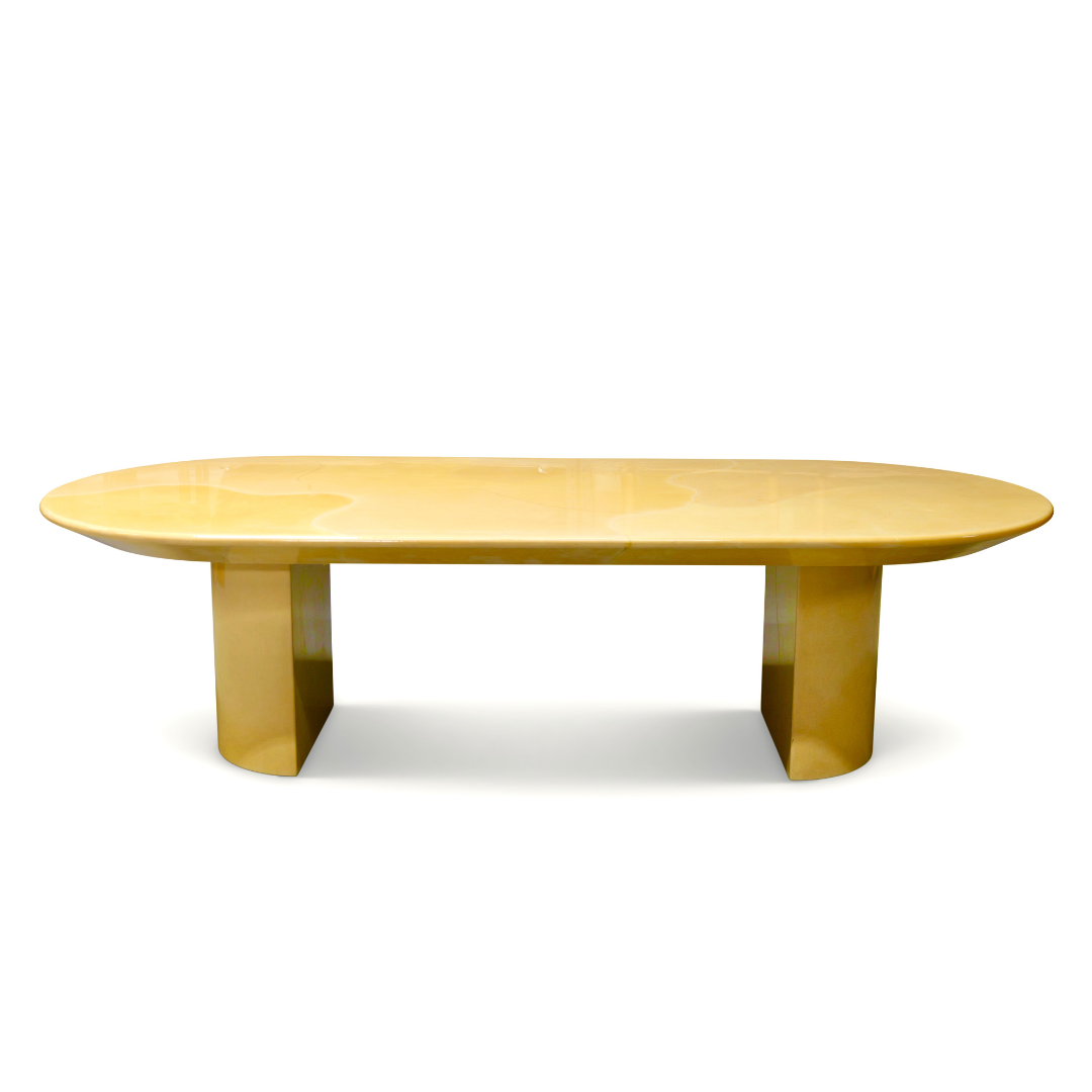 POSTMODERN 1980S KARL SPRINGER GOATSKIN CONFERENCE DINING TABLE OVAL KNIFE EDGE TOP DUAL DEMILUNE PEDESTAL BASE