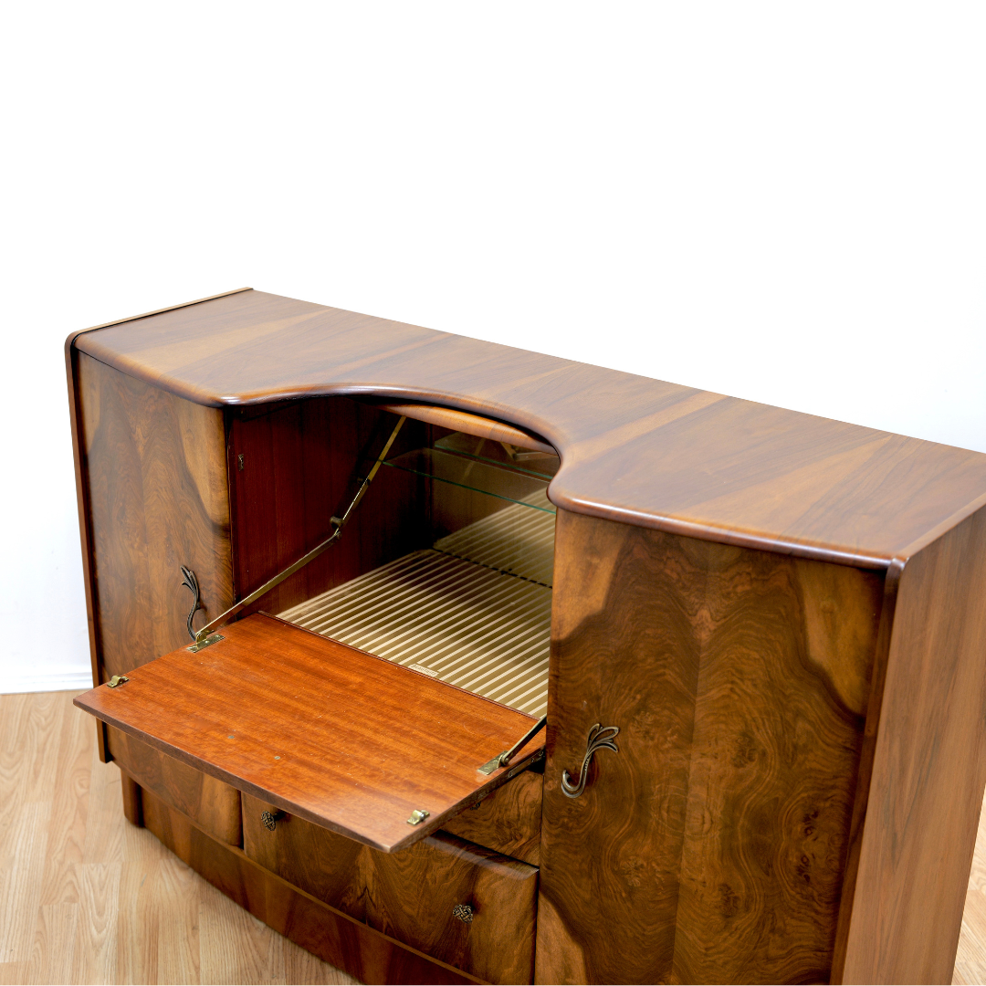 1950s WALNUT COCKTAIL CABINET CREDENZA BY BEAUTILITY FURNITURE