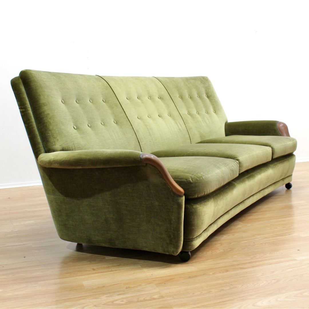 MID CENTURY GREEN DRAYLON SOFA & CHAIRS BY HEALS OF LONDON