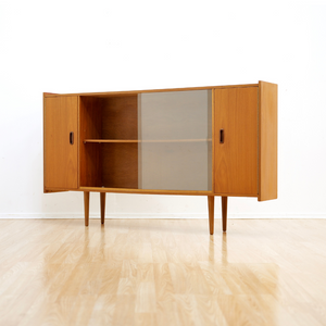 SLIM MID CENTURY TEAK CHINA DISPLAY CABINET SIDEBOARD