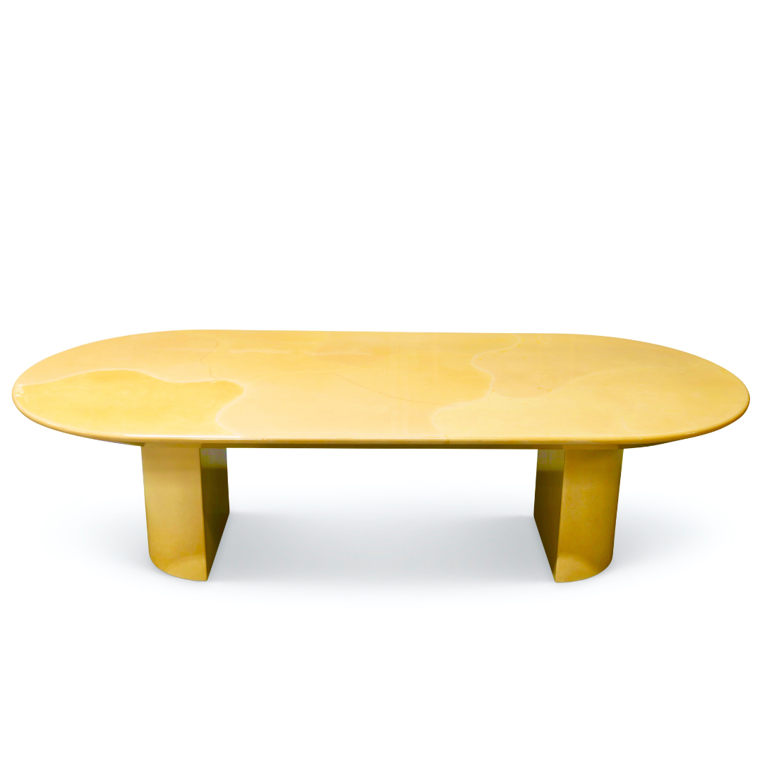 POSTMODERN 1980S KARL SPRINGER GOATSKIN CONFERENCE DINING TABLE OVAL KNIFE EDGE TOP DUAL DEMILUNE PEDESTAL BASE