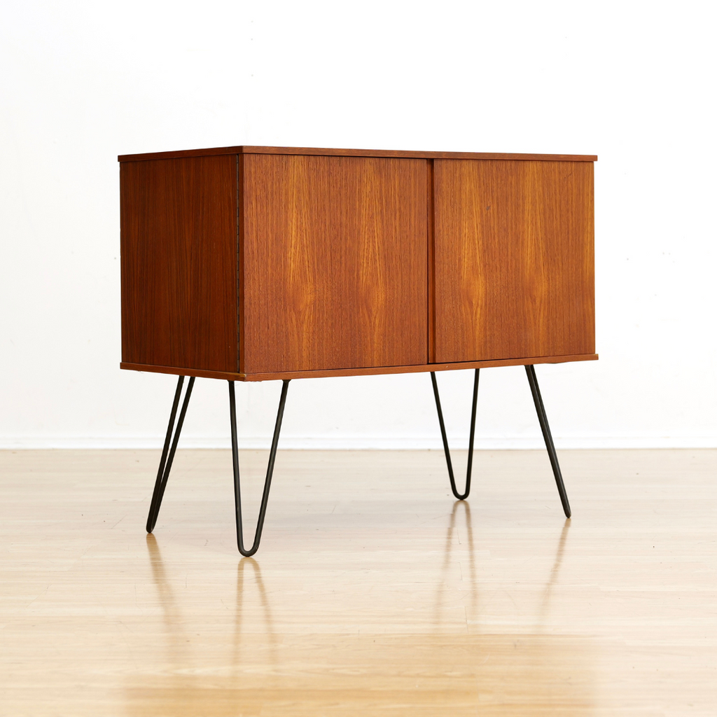 MID CENTURY TEAK VINYL RECORD STORAGE CABINET ON HAIRPIN LEGS