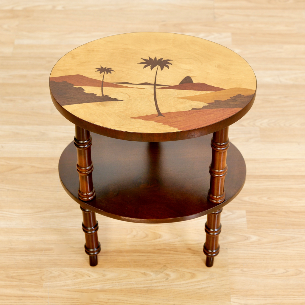 1950s Brazilian Tiki Side Table Inlaid Marquetry Beach Scene