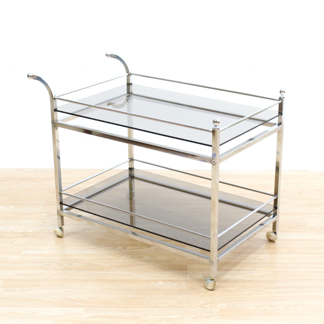 VINTAGE 1970S CHROME & SMOKED GLASS BAR CART BY MERROW ASSOCIATES