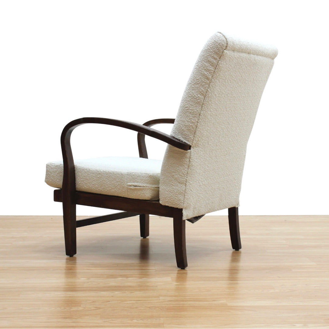 VINTAGE OAK 1940S BENTWOOD ARM CHAIR IN BOUCLE