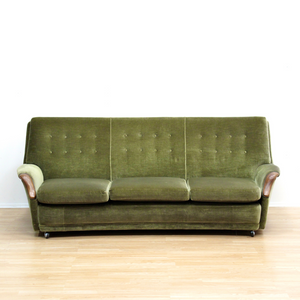 MID CENTURY GREEN VELVET SOFA & CHAIRS BY HEALS OF LONDON