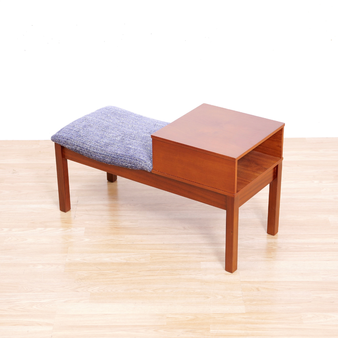 MID CENTURY ENTRYWAY BENCH IN PURPLE CHENILLE