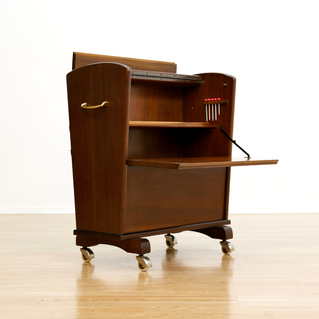 MID CENTURY ENCLOSED PORTABLE BAR CART ON WHEELS