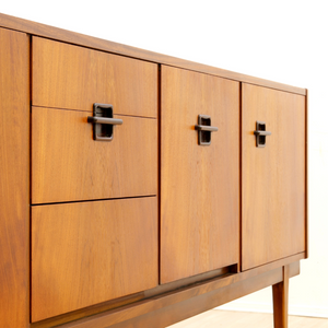 MID CENTURY TEAK CORINTHIAN CREDENZA BY NATHAN FURNITURE
