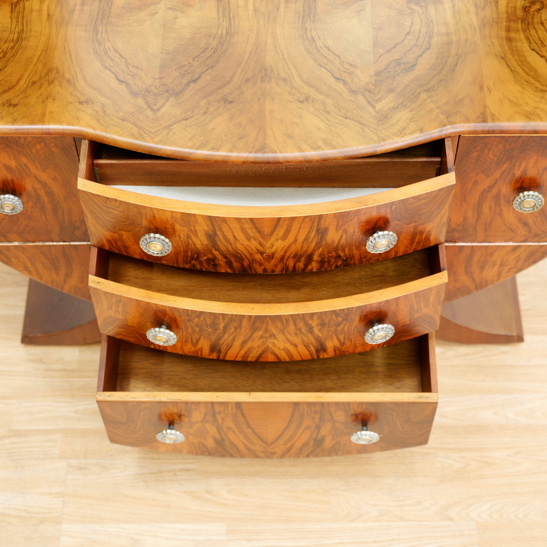 1960S ART DECO REVIVAL WALNUT VANITY DRESSER AND MIRROR