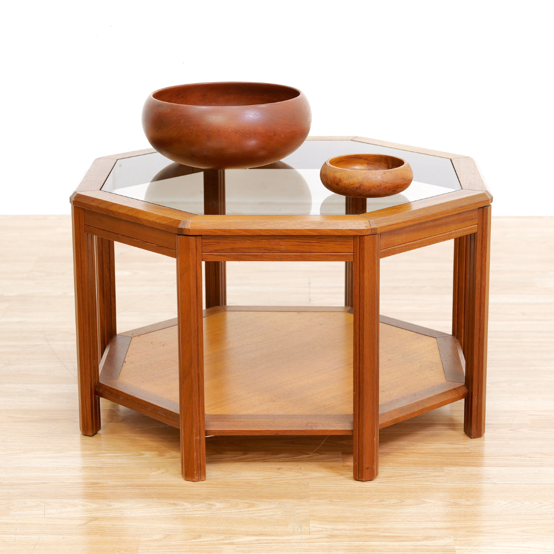 MID CENTURY TEAK & GLASS OCTAGONAL COFFEE SIDE TABLE