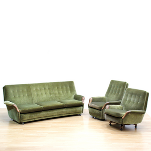MID CENTURY GREEN VELVET SOFA & CHAIRS BY HEALS OF LONDON
