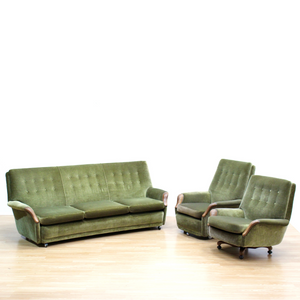 MID CENTURY GREEN DRAYLON SOFA & CHAIRS BY HEALS OF LONDON