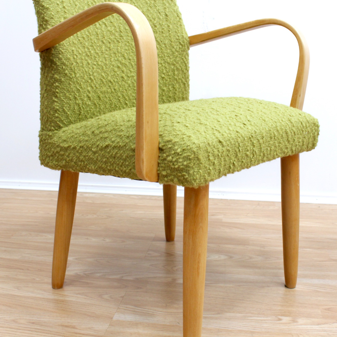 PAIR OF MID CENTURY 1950S BENT WOOD COCKTAIL LOUNGE CHAIRS IN GREEN TWEED