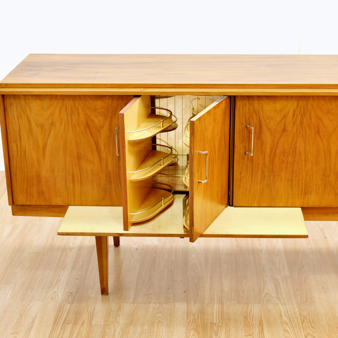MID CENTURY WALNUT LIQUOR CABINET CREDENZA BY BEAUTILITY FURNITURE