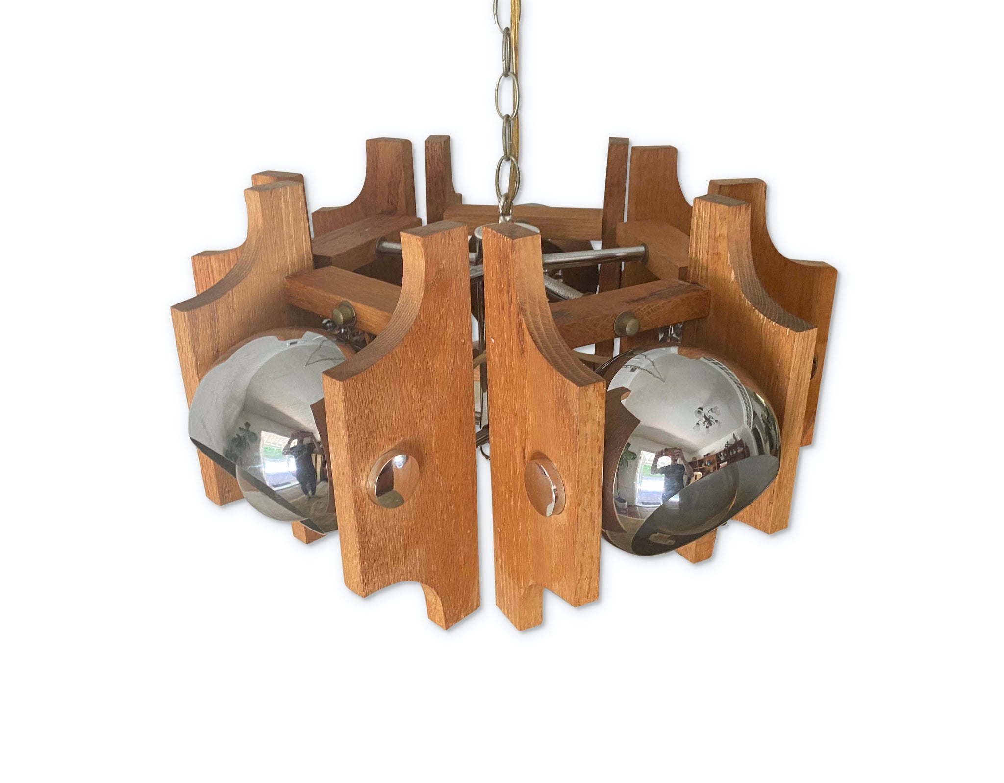 VINTAGE 1970S WOOOD AND CHROME ATOMIC CHANDELIER HANGING PENDANT CEILING LIGHT