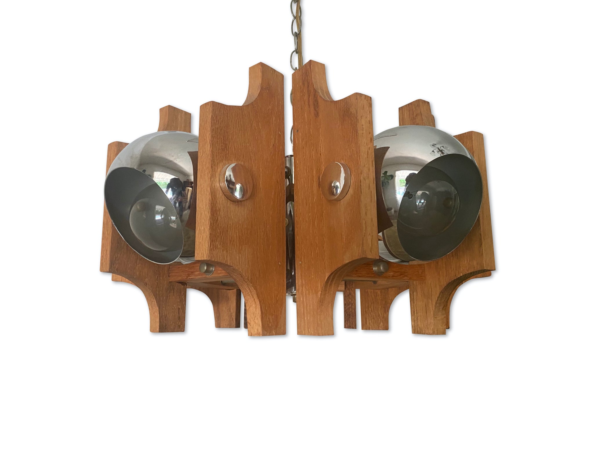 VINTAGE 1970S WOOOD AND CHROME ATOMIC CHANDELIER HANGING PENDANT CEILING LIGHT