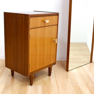 MID CENTURY ENTRYWAY SET MIRROR AND CABINET SIDE TABLE