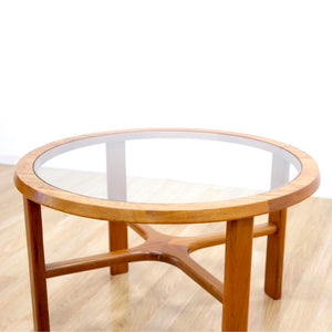 MID CENTURY TEAK AND GLASS ROUND COFFEE TABLE BY STONEHILL